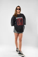 Social Baskılı Yıkamalı Siyah Unisex Oversize Tshirt