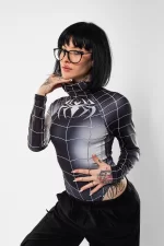 Spider Baskılı Siyah Bodysuit