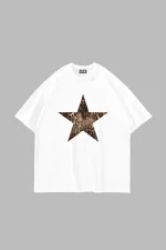 Starz Leopar Baskılı 24/1 Oversize Unisex Beyaz Tshirt