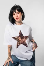 Starz Leopar Baskılı 24/1 Oversize Unisex Beyaz Tshirt