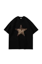 Starz Leopar Baskılı 24/1 Oversize Unisex Siyah Tshirt