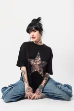 Starz Leopar Baskılı 24/1 Oversize Unisex Siyah Tshirt