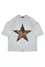 Starz Leopar Baskılı 24/1 Oversize Unisex Yıkamalı Beyaz Tshirt