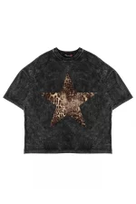 Starz Leopar Baskılı 24/1 Oversize Unisex Yıkamalı Siyah Tshirt