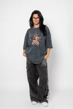 Starz Leopar Baskılı 24/1 Oversize Unisex Yıkamalı Siyah Tshirt