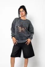 Starz Leopar Baskılı Yıkamalı Siyah Oversize Unisex Sweatshirt