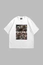 Stay Wild Leopar Baskılı 24/1 Oversize Unisex Beyaz Tshirt