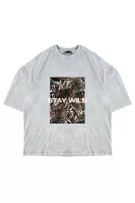 Stay Wild Leopar Baskılı 24/1 Oversize Unisex Yıkamalı Beyaz Tshirt