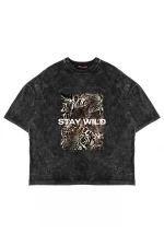 Stay Wild Leopar Baskılı 24/1 Oversize Unisex Yıkamalı Siyah Tshirt