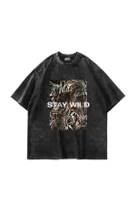 Stay Wild Leopar Baskılı 24/1 Oversize Unisex Yıkamalı Siyah Tshirt