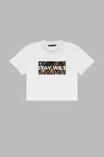 Stay Wild Leopar Baskılı Beyaz Crop Top