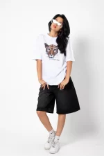 Stay Wild Leopar Siluet Baskılı Oversize Unisex Beyaz Tshirt