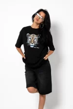 Stay Wild Leopar Siluet Baskılı Oversize Unisex Siyah Tshirt