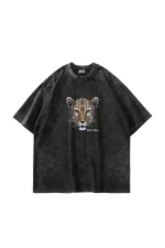 Stay Wild Leopar Siluet Baskılı Oversize Unisex Yıkamalı Siyah Tshirt