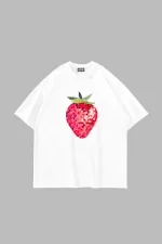 Strawberry Disco Baskılı Oversize Unisex Beyaz Tshirt