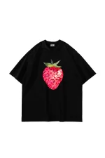 Strawberry Disco Baskılı Oversize Unisex Siyah Tshirt