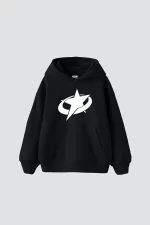 Supernova Beyaz Baskılı Oversize Unisex Premium Siyah Hoodie