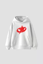 Supernova Kırmızı Baskılı Oversize Unisex Premium Beyaz Hoodie