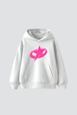 Supernova Pembe Baskılı Oversize Unisex Premium Beyaz Hoodie