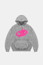 Supernova Pembe Baskılı Oversize Unisex Premium Yıkamalı Beyaz Hoodie