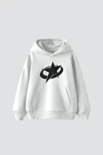 Supernova Siyah Baskılı Oversize Unisex Premium Beyaz Hoodie