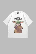 The Mandalorian Yoda Baskılı 24/1 Oversize Unisex Beyaz Tshirt