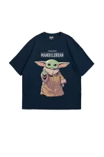 The Mandalorian Yoda Baskılı 24/1 Oversize Unisex Lacivert Tshirt