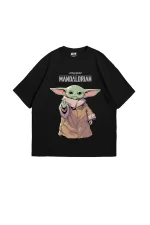 The Mandalorian Yoda Baskılı 24/1 Oversize Unisex Siyah Tshirt