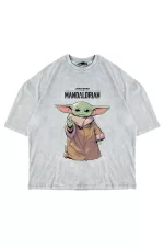 The Mandalorian Yoda Baskılı 24/1 Oversize Unisex Yıkamalı Beyaz Tshirt