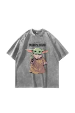 The Mandalorian Yoda Baskılı 24/1 Oversize Unisex Yıkamalı Beyaz Tshirt