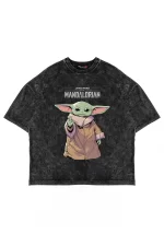 The Mandalorian Yoda Baskılı 24/1 Oversize Unisex Yıkamalı Siyah Tshirt