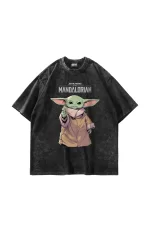 The Mandalorian Yoda Baskılı 24/1 Oversize Unisex Yıkamalı Siyah Tshirt