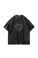 Thorny Heart Baskılı Oversize Unisex Yıkamalı Siyah Tshirt