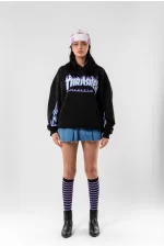 Thrasher Flam Baskılı Oversize Unisex Siyah Hoodie