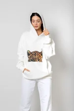 Tiger Eyes Baskılı Oversize Unisex Premium Beyaz Hoodie
