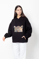 Tiger Eyes Baskılı Oversize Unisex Premium Siyah Hoodie