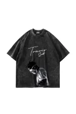 Travis Scott Baskılı Oversize Unisex Yıkamalı Siyah Tshirt