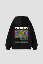 Trippy Baskılı Oversize Unisex Siyah Hoodie