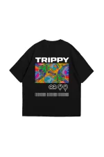 Trippy Baskılı Oversize Unisex Siyah Tshirt