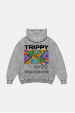 Trippy Baskılı Oversize Unisex Yıkamalı Beyaz Hoodie