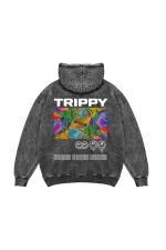 Trippy Baskılı Oversize Unisex Yıkamalı Siyah Hoodie