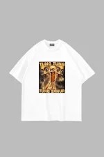 Tung Tung Tung Sahur Baskılı Oversize Unisex Beyaz Tshirt