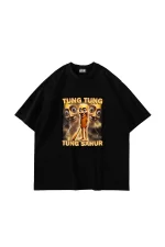Tung Tung Tung Sahur Baskılı Oversize Unisex Siyah Tshirt