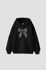 V2 Fiyonk Leopar Baskılı Oversize Unisex Premium Siyah Hoodie