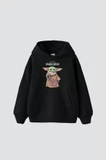 V2 The Mandalorian Yoda Baskılı Oversize Unisex Premium Siyah Hoodie