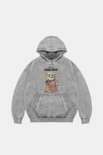 V2 The Mandalorian Yoda Baskılı Oversize Unisex Premium Yıkamalı Beyaz Hoodie