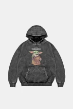 V2 The Mandalorian Yoda Baskılı Oversize Unisex Premium Yıkamalı Siyah Hoodie