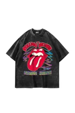 Voodoo Lounge Baskılı Oversize Unisex Yıkamalı Siyah Tshirt