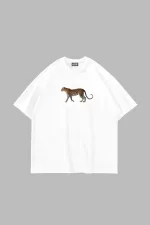 Walking Leopard Baskılı Oversize Unisex Beyaz Tshirt