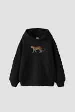 Walking Leopard Baskılı Oversize Unisex Premium Siyah Hoodie